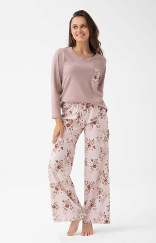 348 Damenpyjama Luna beige – Baumwolle, lange Ärmel, Blumenmuster, Komfort und Stil