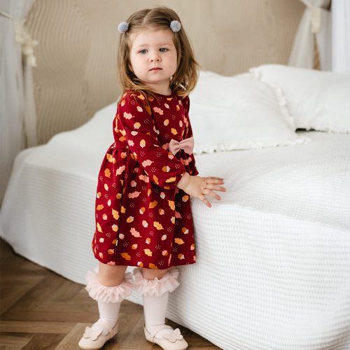 Fluffy Tails Eevi Babykleid – Burgunderrot, Baumwolle, lange Ärmel