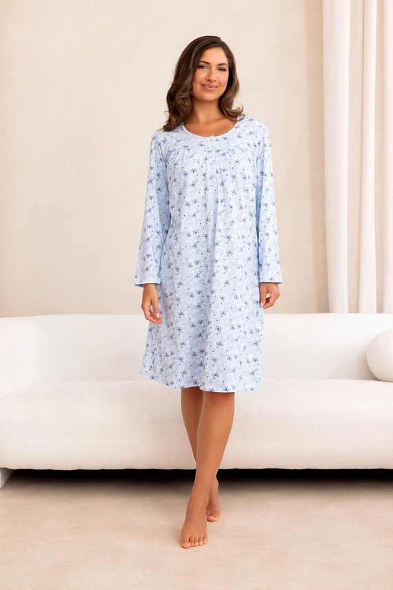 Nachthemd Regina 020 Damen 100% Baumwolle Langarm mit Knöpfen - blau