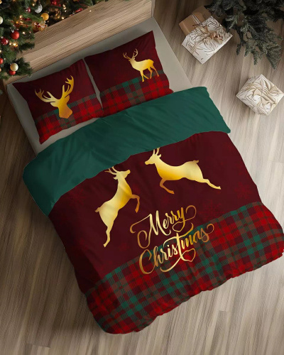 5827 A Baumwoll-Weihnachtsbettwäsche Christmas Dreams Detexpol mit Karomuster und Rentier Merry Christmas – Weihnachtsset aus 100 % Baumwolle