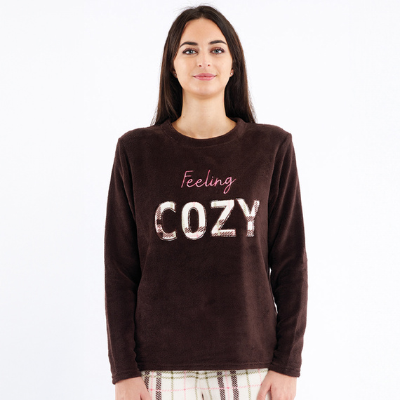 Brauner Pyjama von Liliana Sorbetto – warmes, kariertes Fleece mit Stickerei