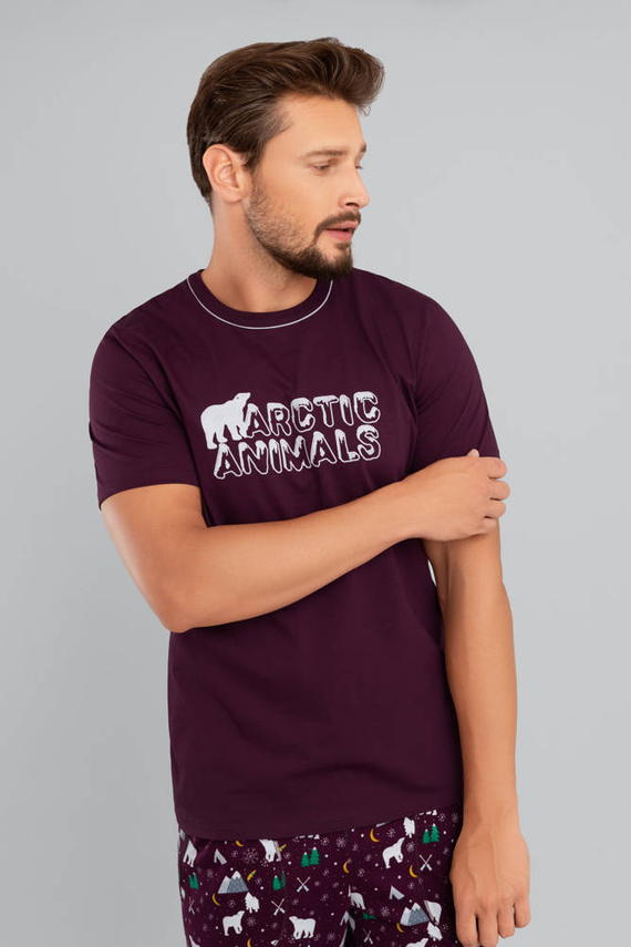 Manfred Herren Schlafanzug mit kurzen Ärmeln, lange Hose Italienische Mode- burgunderrot/print burgunderrot