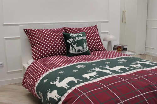 Weihnachtsbettwäsche aus Baumwolle von Spod Needles and Threads – Rentiere, karierte rote und grüne Punkte, Set mit Reißverschluss, 100 % Baumwolle