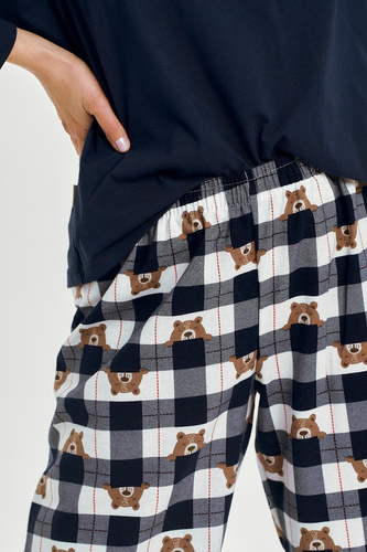 3441 Astrid Damen-Baumwollpyjama Taro Marineblau – lange Ärmel, karierte Flanellhose