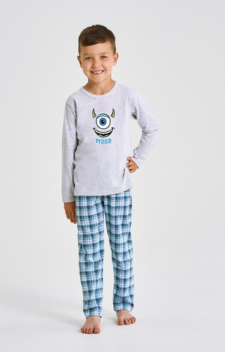 3499, 3500 Joel Taro Jungenpyjama, Grau – Baumwolle, bedruckt, karierte Hose