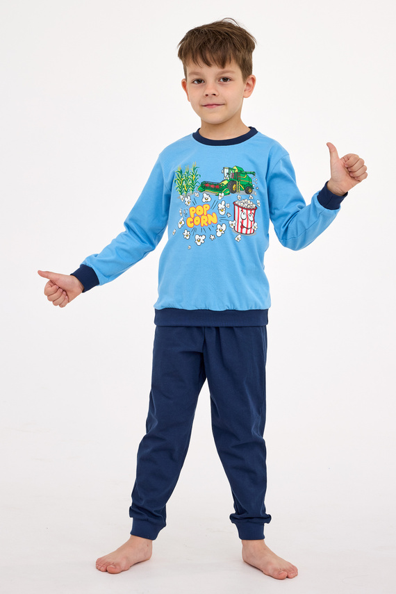 593/175 Popcorn Cornette Pyjama für Jungen – blau bedrucktes T-Shirt und Baumwollhose
