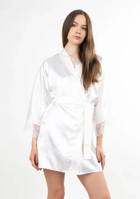 Dkaren Mara weiße Satin-Damenbademantel mit Gürtel