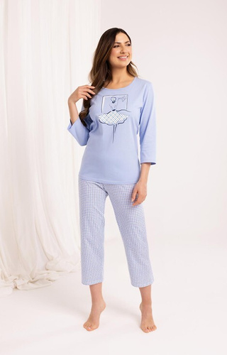716 Regina Damenpyjama, blau – Baumwolle, 3/4 Ärmel, 7/8 Hose mit Mustern