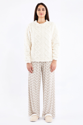 Sofie Damen-Pyjama Sorbetto-Creme – warmer Sherpa, Palazzo, elegant und weich