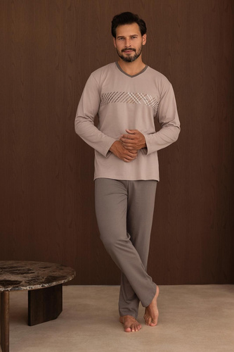 Herren-Pyjama Regina 6010 100% Baumwolle Langarm Bequem Für Ganzjährig Beige