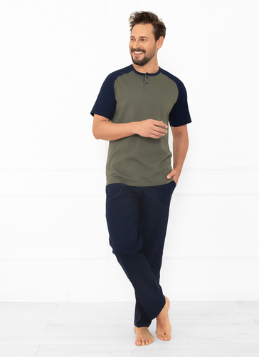 Alexander Italian Fashion Herren Schlafanzug oliv - Baumwolle, Poloshirt und Hose