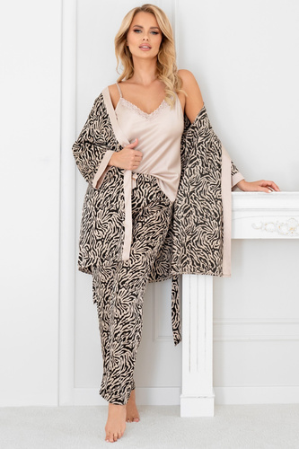 Beiger Morgenmantel Sheila Donna – eleganter Damen-Morgenmantel aus Satin mit Gürtel