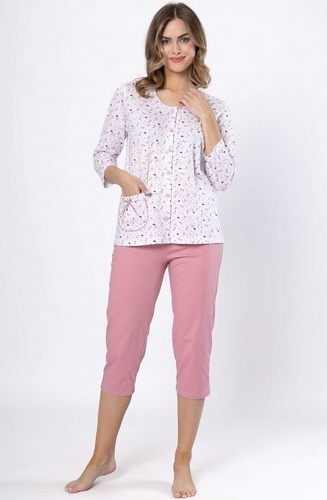 Piżama damska Dobrusia 1636 – różowy bawełna, rękaw 3/4, zapinana na guziki