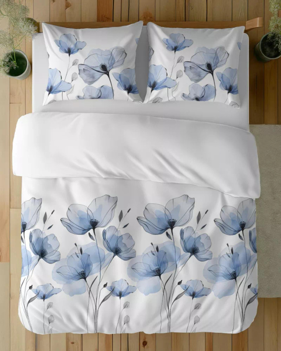 5496 A Weiße Baumwollbettwäsche mit blauen Aquarellblumen Naturalis – Detexpol
