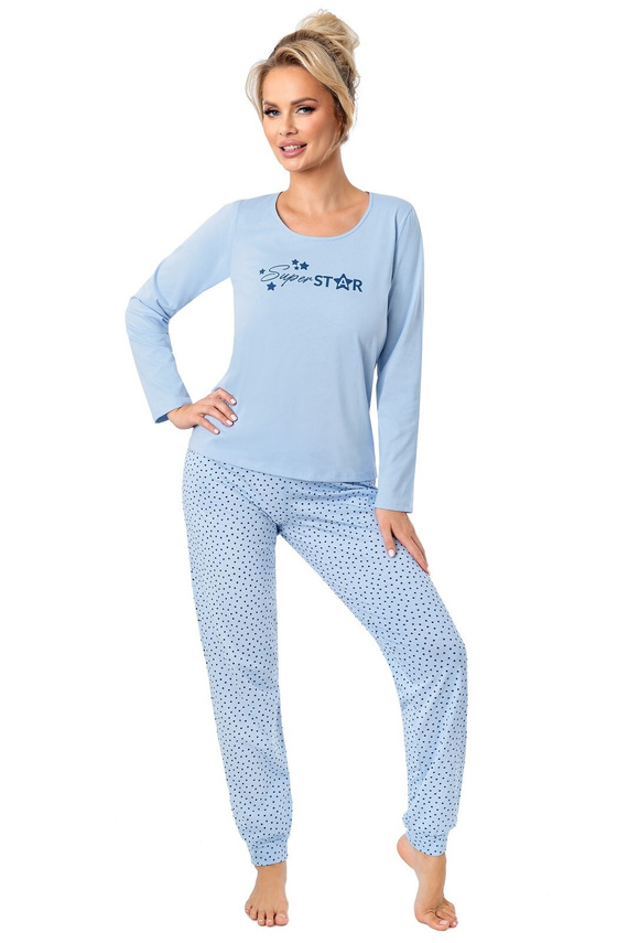 Donna Star Langer Damenpyjama, blau – Baumwolle, lange Ärmel, verpackt in einer Plastiktüte