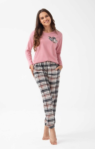 322 Luna Pink – Damen-Pyjama aus Baumwolle, Herzen, lange Ärmel, karierte Hose