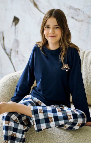 3503 Astrid Taro Mädchenpyjama, Marineblau – Baumwolle, bedruckt, karierte Hose