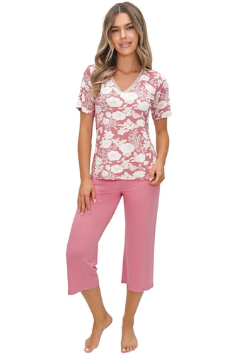 Damen Pyjama Tina 3/4 donna – elegante Pyjama aus Viskose mit Blumenmuster, V-Ausschnitt mit Spitze, 3/4 Hosen