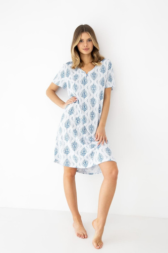 Jazmin Sensi Nachthemd Viskose V-Ausschnitt weiß-blau