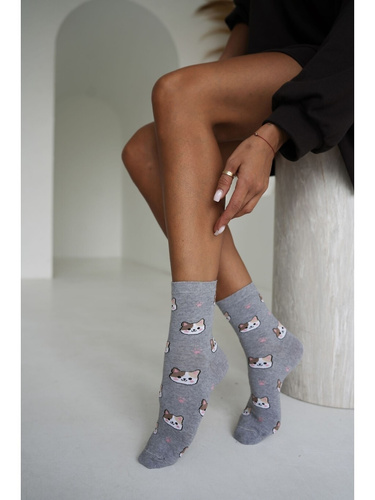 Milena 0200-266 weiche Damen-Baumwollsocken mit Katzen- und Pfotenmuster in Grau