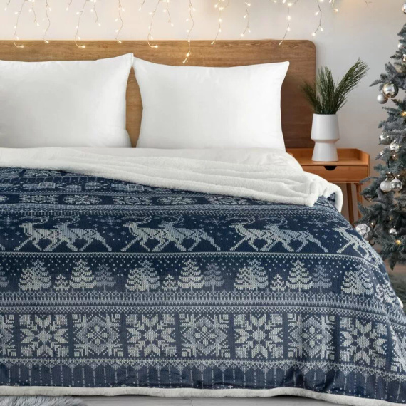 Eurofirany Weihnachtsdecke, Weiß, Marineblau – weicher Überwurf aus Mikrofaser, 240 g/m²