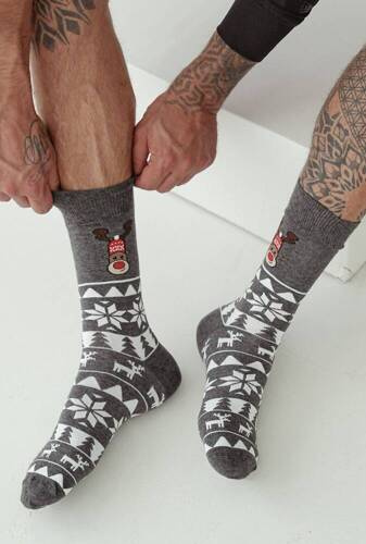 1290-022 Milena Norweger-Rentier-Weihnachtssocken für Herren – Dunkle Melange