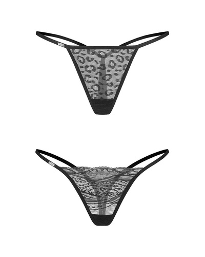 Clara Thong 2er-Pack Obsessive Tanga, schwarz, Spitze, mit Animal-Print