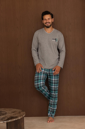 Regina 6011 Herren-Pyjama 100% Baumwolle Langarm Kariert Hose Grau