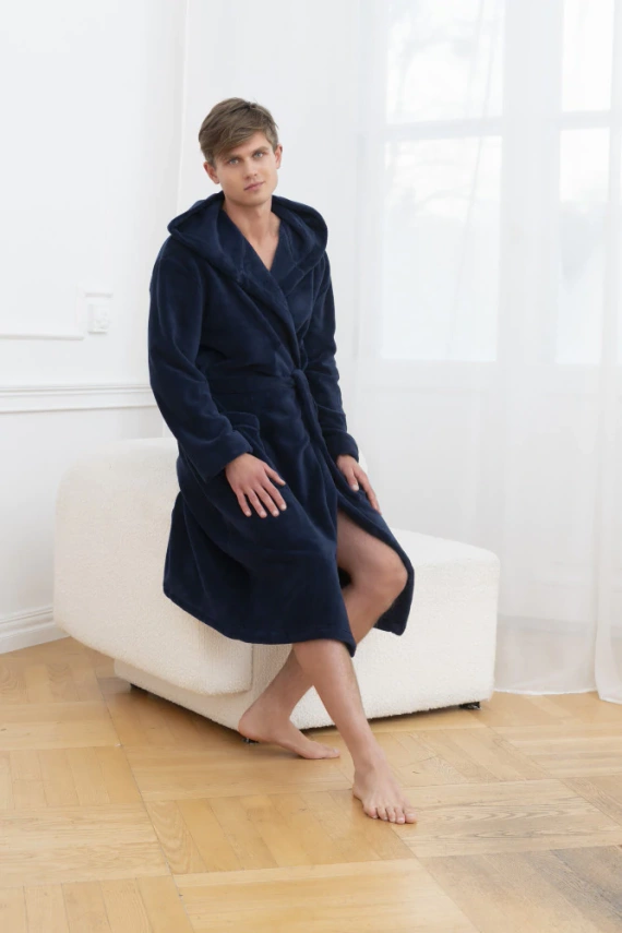 Mimas Herren Bademantel mit Kapuze Italian Fashion - navy blau