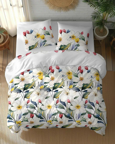 5774 A Cotton Bloom Detexpol weiße Baumwollbettwäsche mit bunten Blumen – 100 % Baumwolle, doppelseitig, polnische Produktion