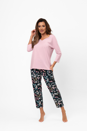 Damen Baumwollpyjama Marisal - 3/4 Bluse, 7/8 Hose Italian Fashion  