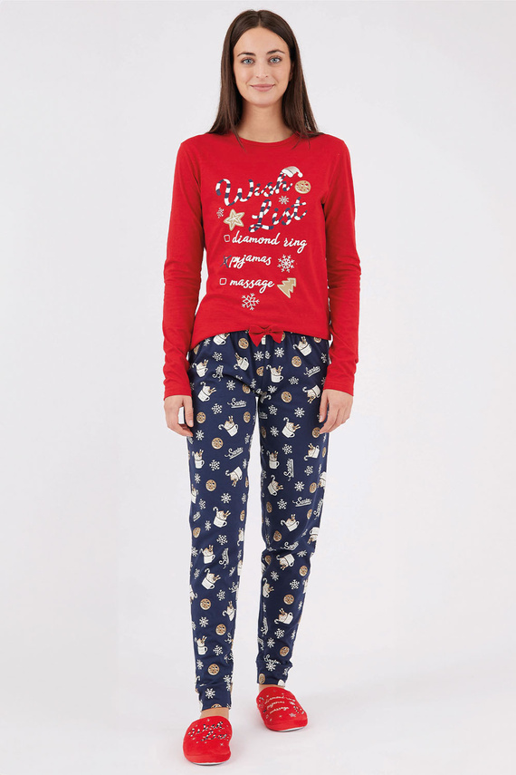 Natalie Sorbetto rot – langer Weihnachtspyjama aus Baumwolle für Damen mit Schneeflocken