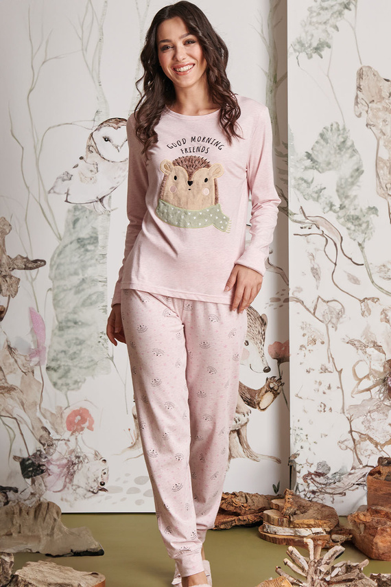 Antea Damen-Pyjama Sorbetto Pink – lang, rosa, mit 3D-Applikation, Jersey, Baumwolle