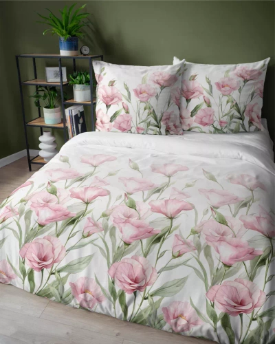 5328 A Satinbettwäsche Rosa Blumen auf weißem Hintergrund Detexpol