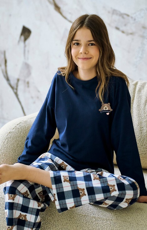 3503 Astrid Taro Mädchenpyjama, Marineblau – Baumwolle, bedruckt, karierte Hose