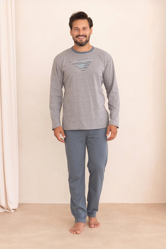 Herren-Pyjama Regina 6007 100% Baumwolle Lang mit Grafik - Dunkelmeliert