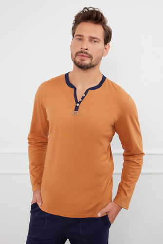 Julius Herren Schlafanzug langarm, lange Hose Italienische Mode - cognac/grün 