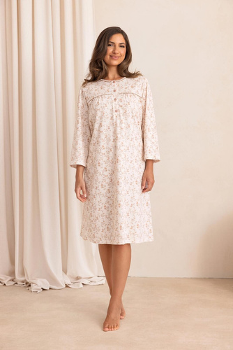 Nachthemd Regina 022 100% Baumwolle 7/8-Arm Pflanzenmuster - Apricot