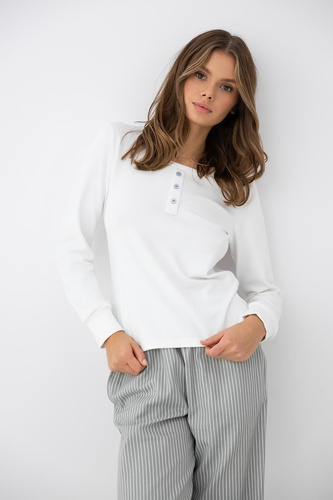 Sensis Salma Damen-Pyjama ecru-grau mit langem Arm und gestreiften Hosen