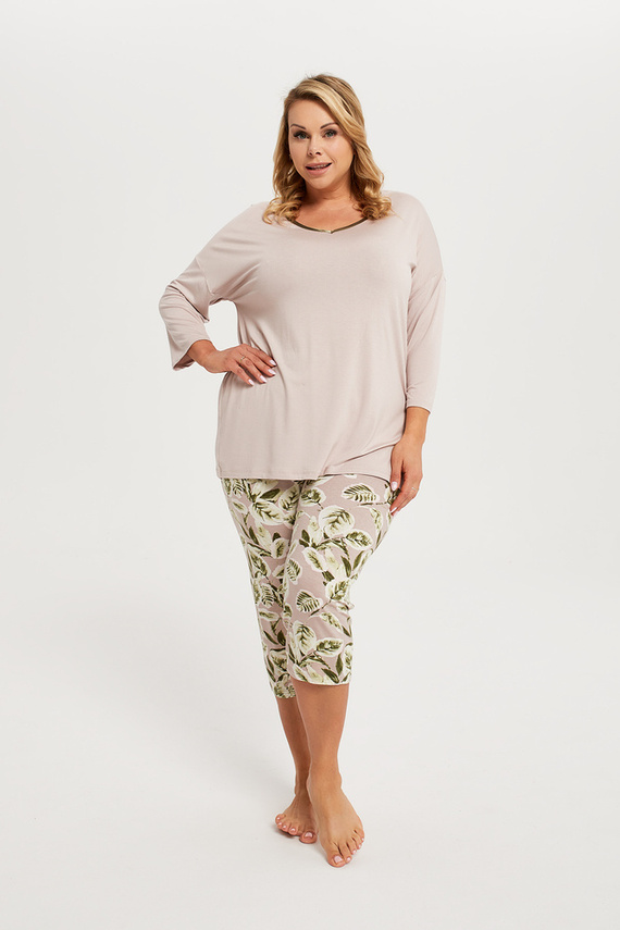 Indonesien Damen Schlafanzug 3/4 Ärmel, 3/4 Hose Italian Fashion - beige/print