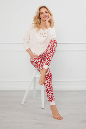 Evora Damen Schlafanzug langarm, lange Hose Italian Fashion - ecru/print