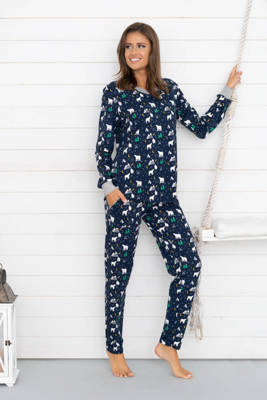 Ava Damen Schlafanzug mit langen Ärmeln und Hose Italian Fashion - marineblauer Druck