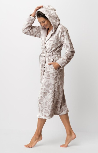 LGL 545 Key Damen-Bademantel Ecru-Mocca – weich, mit Kapuze, in der Taille gebunden