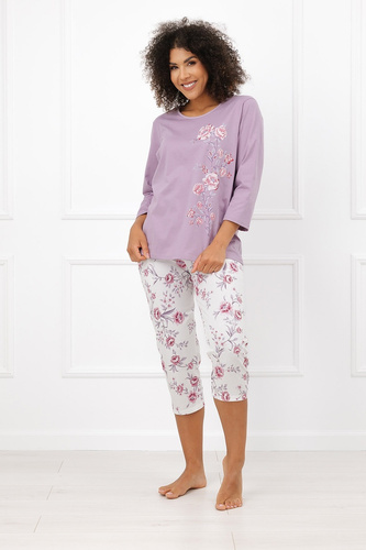 Italian Fashion Karilla Damen-Pyjama 3/4 Ärmel 100% Baumwolle Blumen Heidekraut