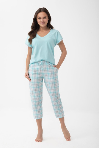 Damenpyjama 1300 Luna aus Baumwolle mit kurzem Arm und 7/8-Hose in Türkis