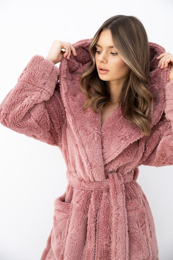 Sensis Dolly Damen Bademantel in Pudrigem Rosa, weich, mit Kapuze und Schleifen