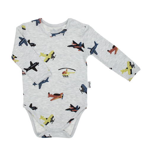 219095 Willy Nicol grauer Baby-Body aus Baumwolle mit Flugzeugmustern – lange Ärmel
