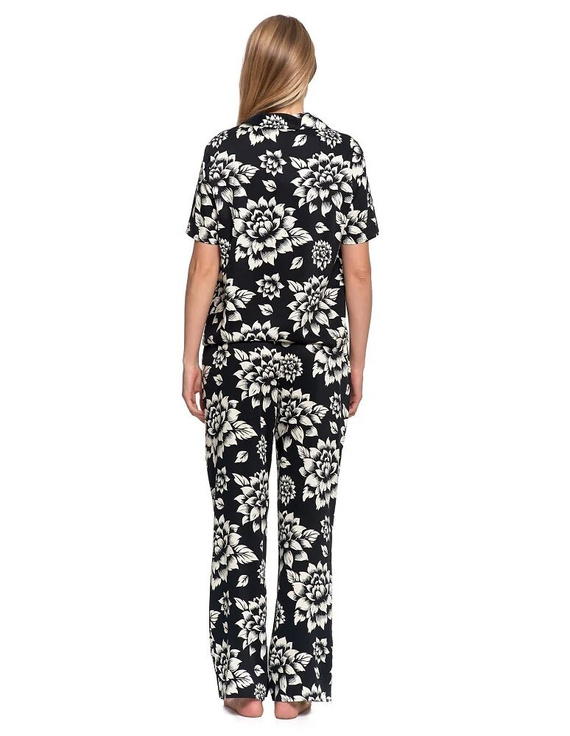 PDD5500-006 Moraj-Pyjama, Schwarz – Viskose, kurze Ärmel, geknöpft, Blumenmotiv