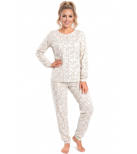 Donna Adore Long Ecru Damen-Baumwoll-Pyjama mit Herzen, langärmlig