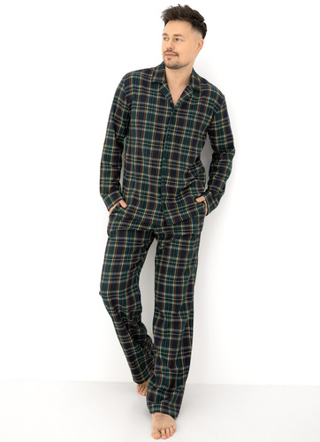 Sensis George Herrenpyjama 100% Baumwolle Flanell grün kariert
